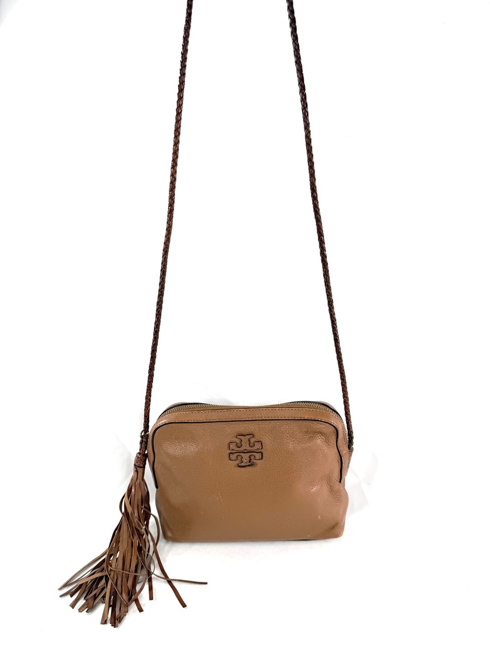 Tory Burch Butterscotch Brown Leather Small Crossbody Bag Braided Strap Tassel